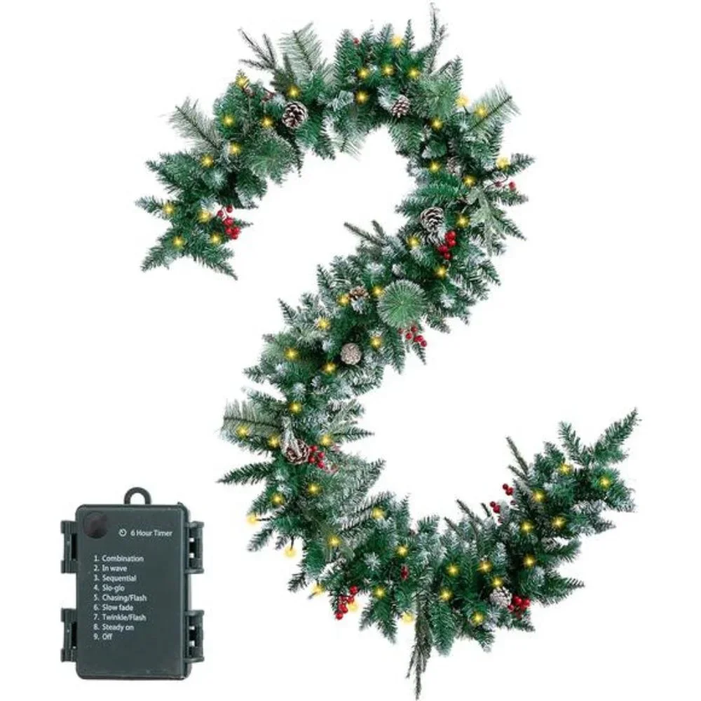 9Feet Christmas Garland Snow Flocked Including 100Lights, Pine Cones,Red Berries